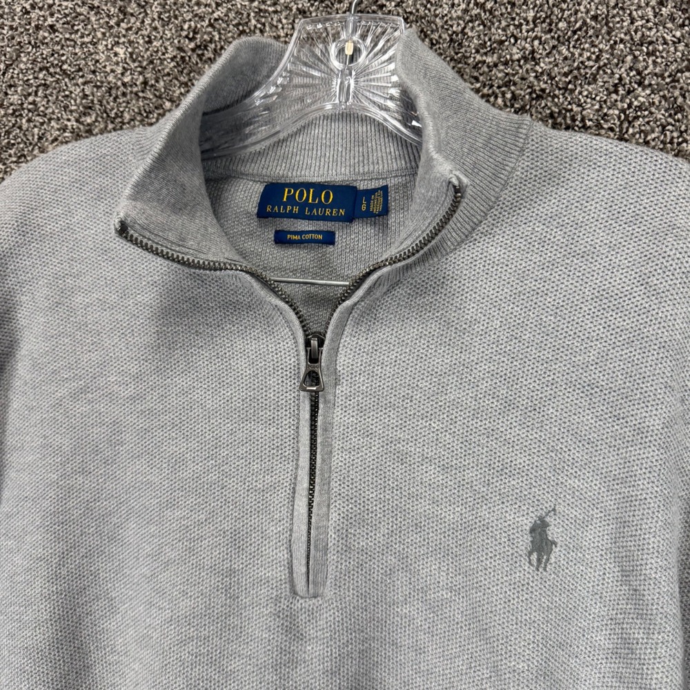 Polo Ralph Lauren Sweater Mens L Gray Pima Cotton 1/4 Zip Pullover Knit Pony